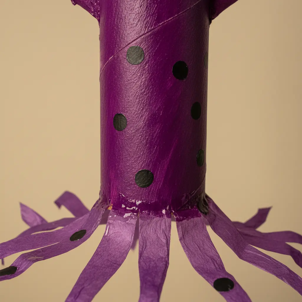 A purple painted cardboard tube with cut paper tentacles flowing from one end and glued-on googly eyes.
