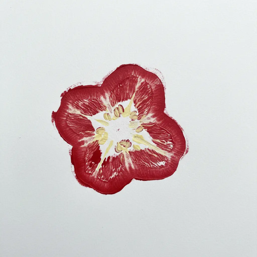 A cross-section of a red bell pepper stamped on white paper, creating a flower shape with three lobes and seed details.