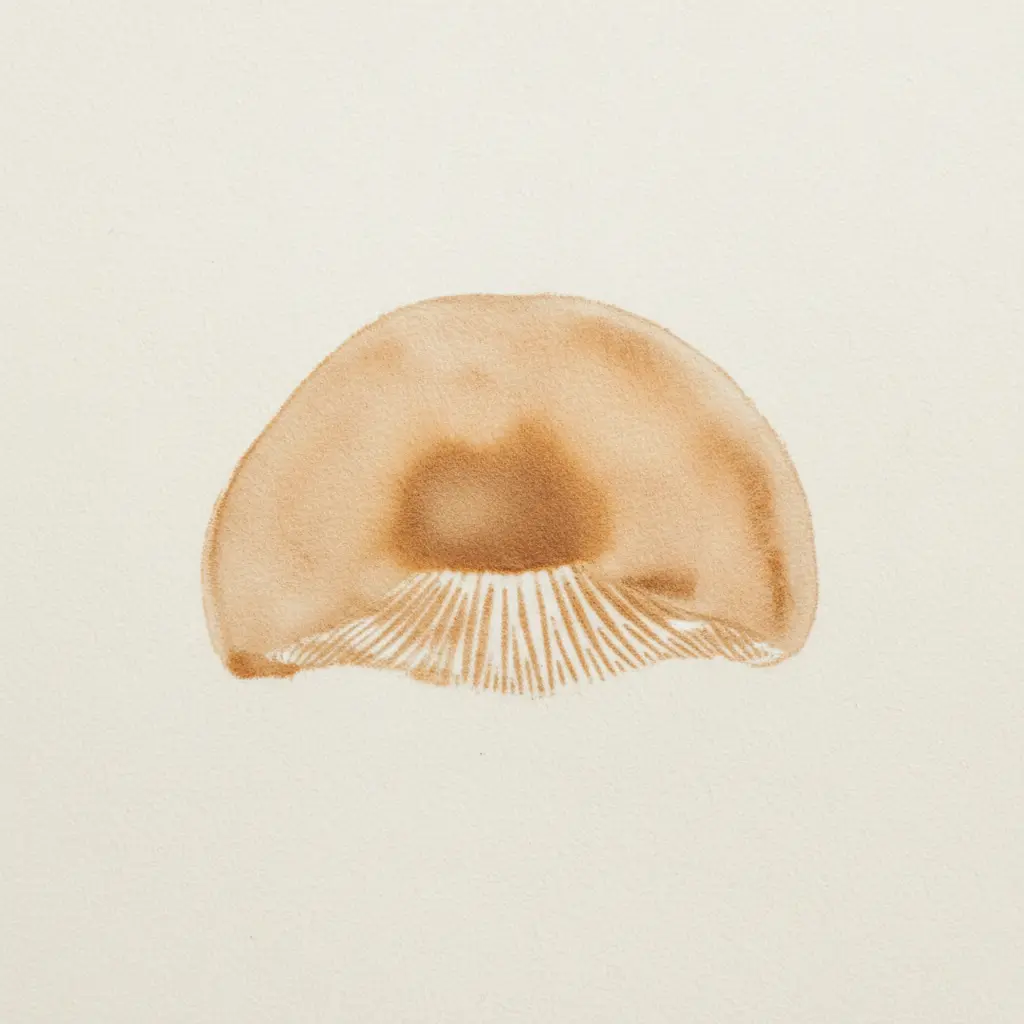 A whole mushroom cap pressed with brown paint, leaving a rounded silhouette with faint gill marks underneath.