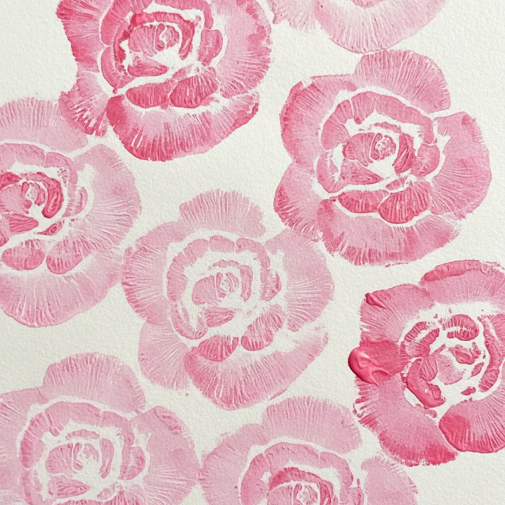 A bunch of celery stalks tied together and stamped with pink paint, forming a layered rose-like circular pattern.