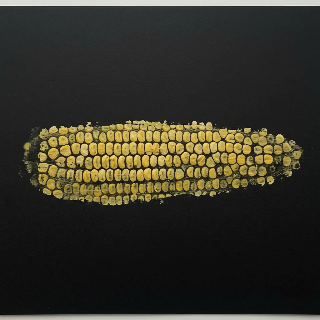 A full ear of corn rolled in yellow tempera across black paper, creating a dotted kernel texture trail.