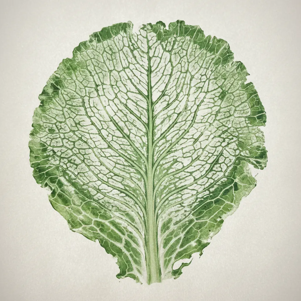 A flat cabbage leaf coated in green paint and pressed on paper, revealing a network of white veins and leafy edges.