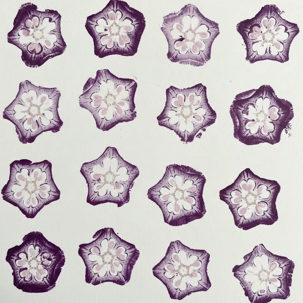 A cross-section okra slice stamped in purple, showing a small star-shaped seed pattern in the center.