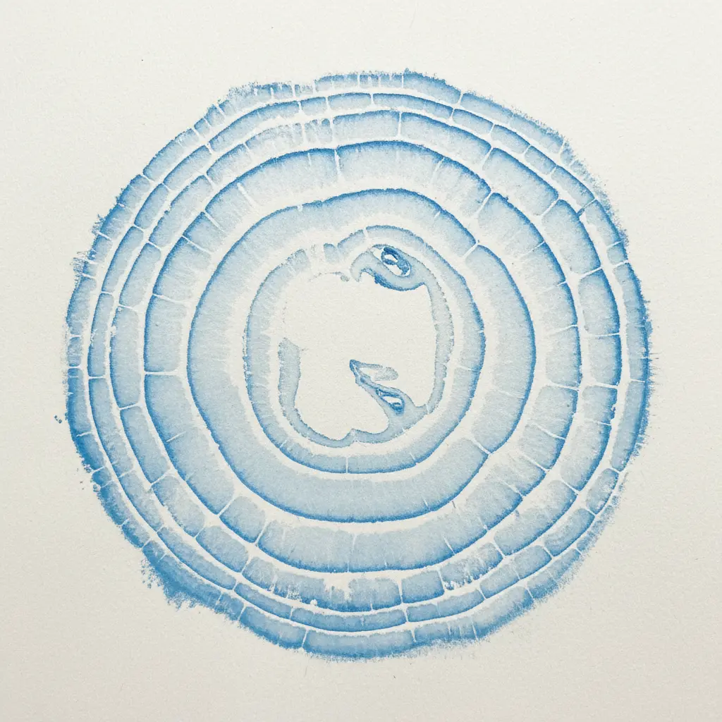 A sliced onion ring dipped in blue paint and pressed on paper, leaving multiple concentric circle marks.