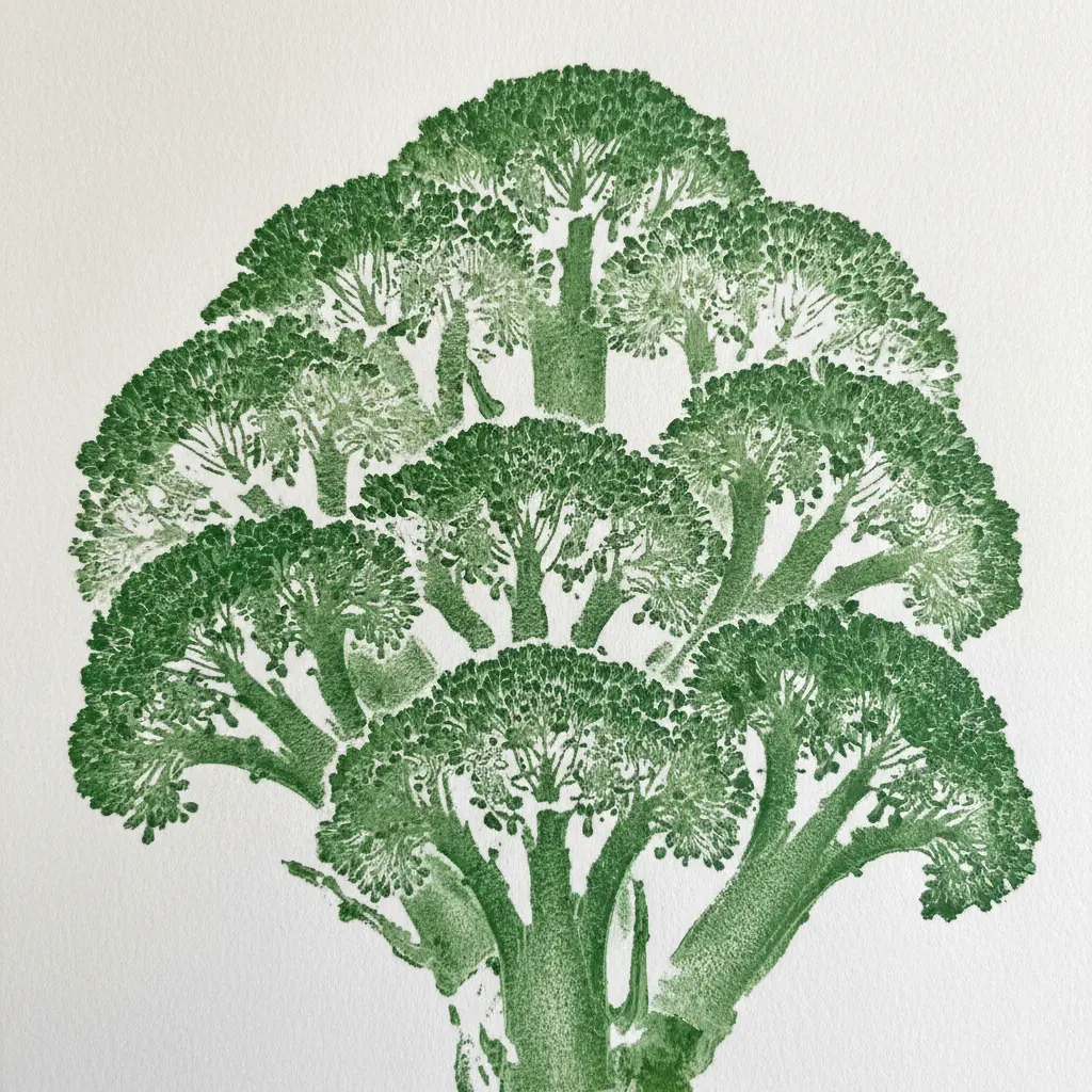 A broccoli floret dipped in dark green paint, stamped to create a branching treetop texture on paper.