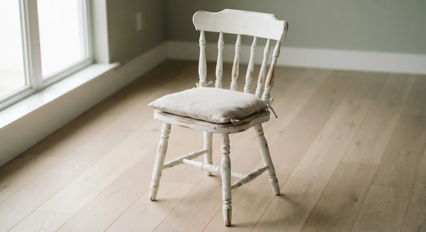 Distressed white spindle chair with chippy paint and a natural linen cushion in a bright farmhouse sewing room.