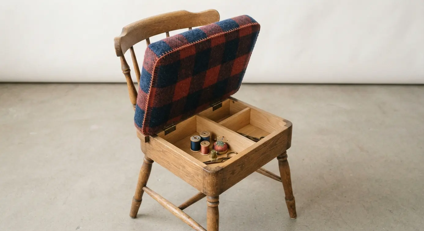 A compact vintage chair with a red and navy buffalo plaid wool seat that lifts to reveal a small storage compartment for sewing notions.