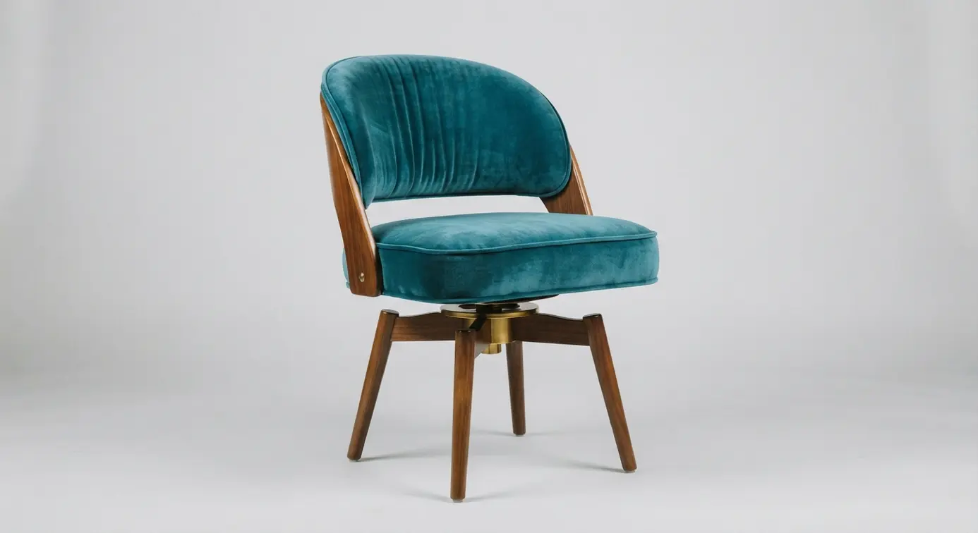 A mid-century wooden swivel chair reupholstered in soft teal velvet next to a vintage sewing machine with gold tone legs.