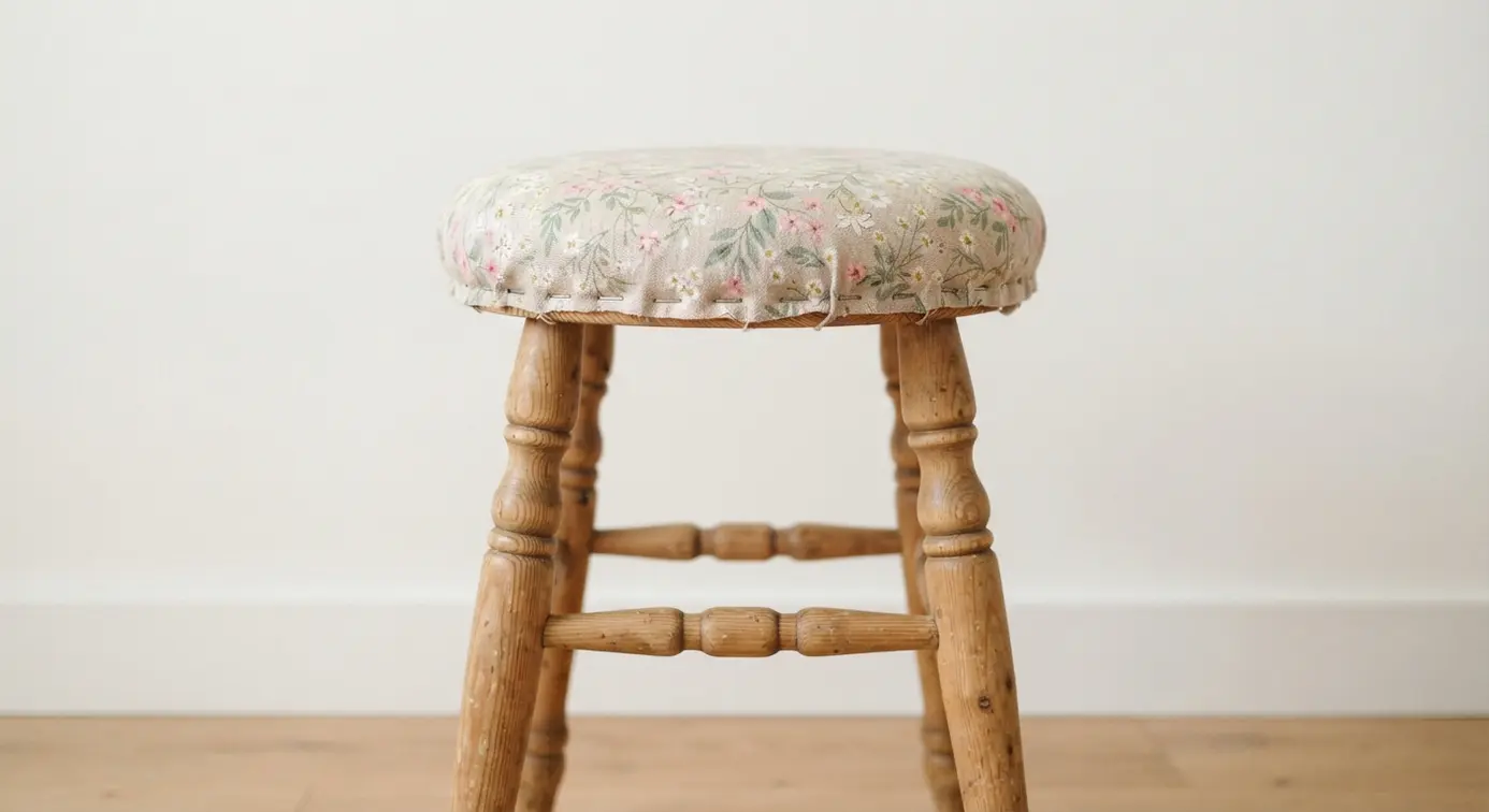 Wooden stool with turned legs covered in a small floral linen print with pink and green blooms placed beside a basket of yarn.
