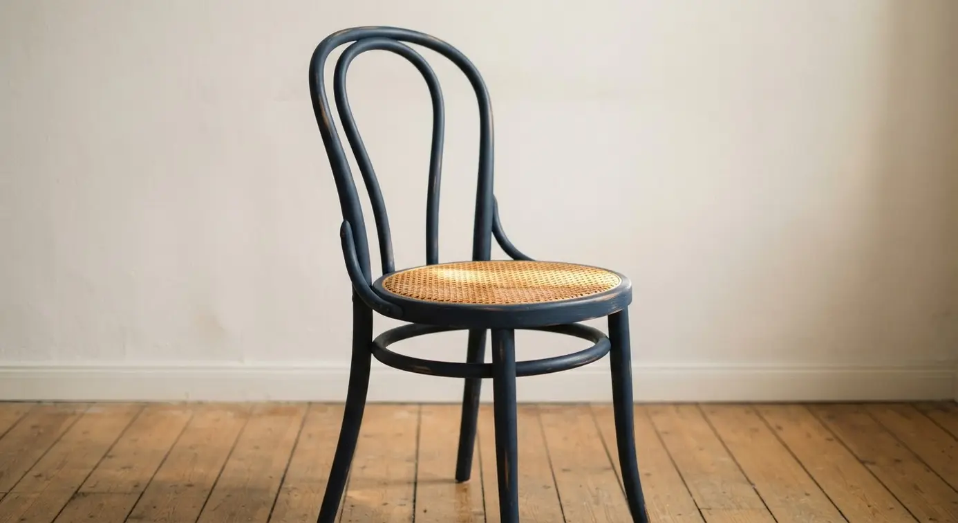 A Thonet-style bentwood chair painted deep navy with visible wood grain and a natural cane seat in a loft sewing corner.