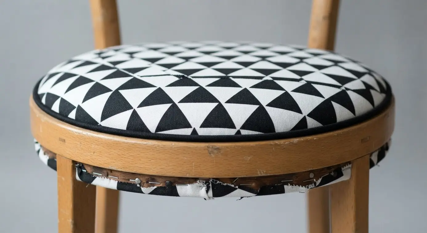 A vintage wooden chair with a new seat cushion covered in a bold black and white repeating triangle geometric fabric against a white wall.