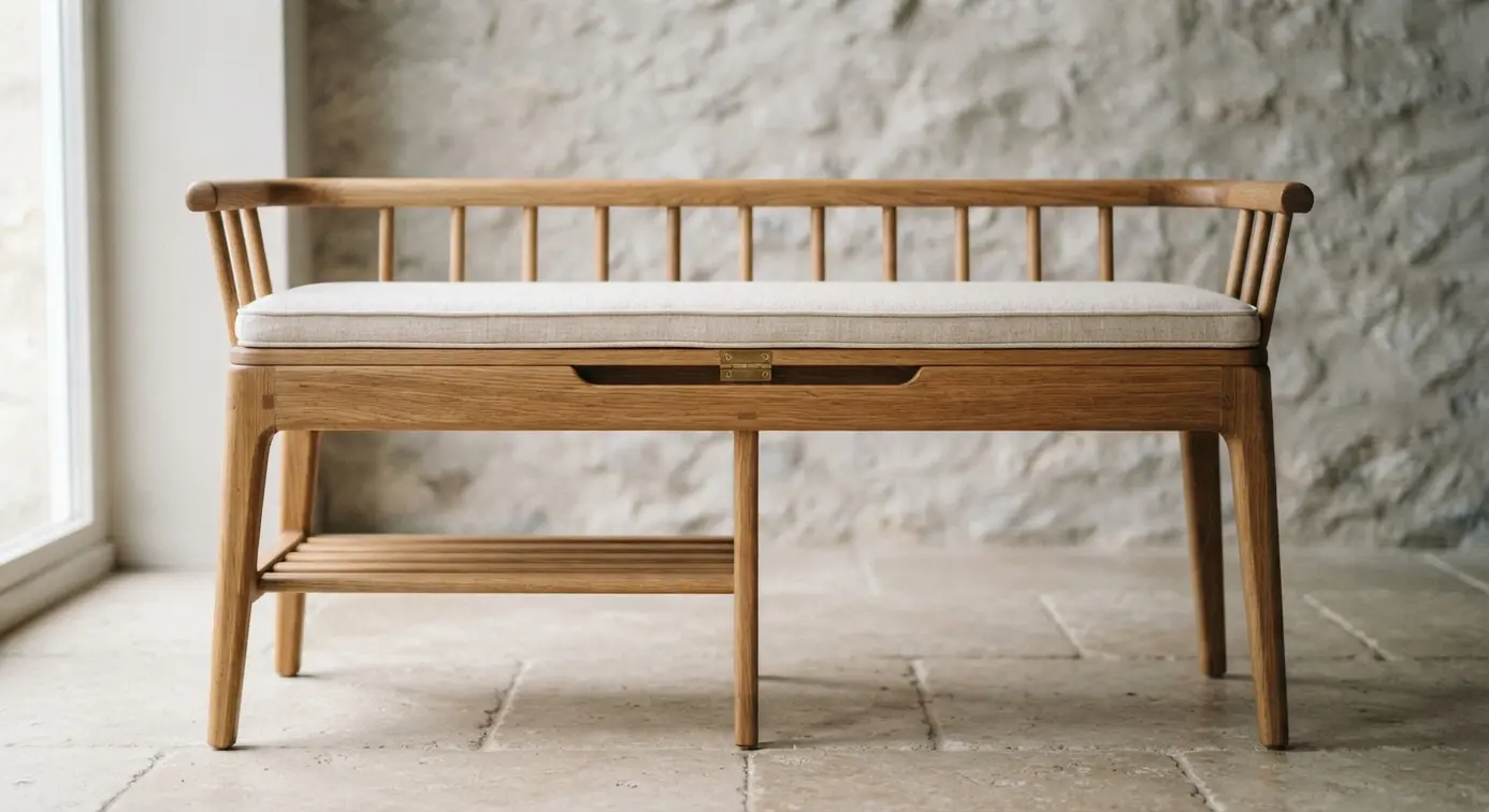 A long natural oak sewing bench with a thin cream linen cushion and tapered legs in a bright airy craft room with plants.