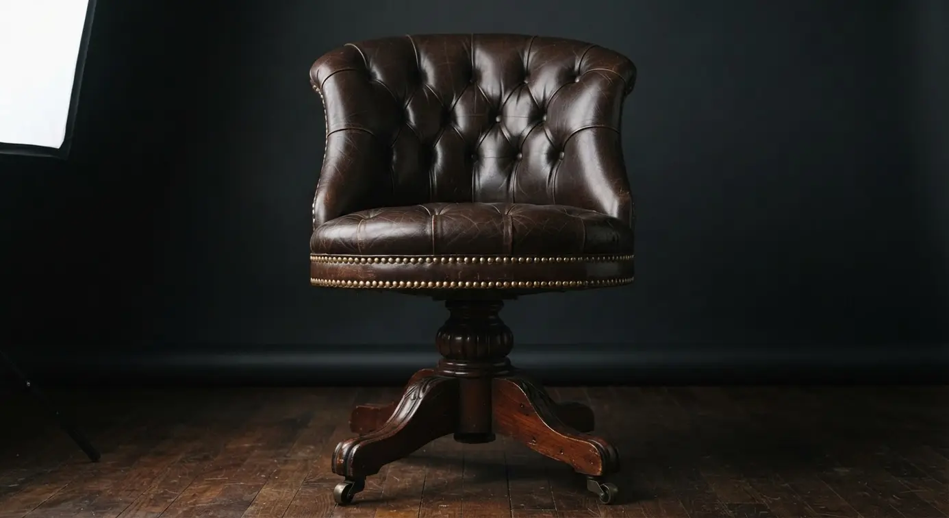 A dark brown leather tufted back and seat on a wooden pedestal base with brass nailhead trim in a vintage inspired sewing studio.