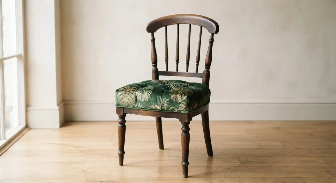 A small wooden accent chair with a plush velvet seat featuring a dark green monstera leaf print in a cozy reading nook with floral wallpaper.