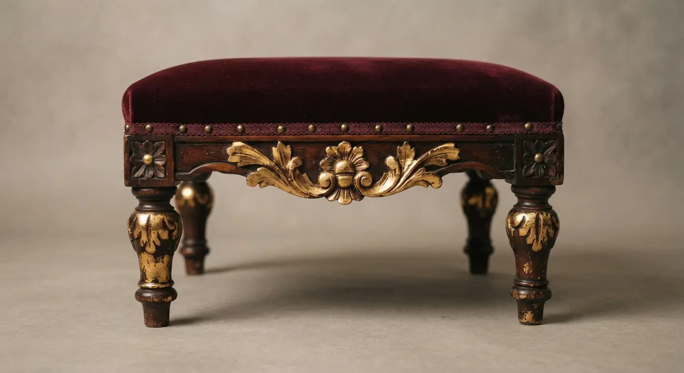 A low Victorian footstool with carved wood details highlighted in gold leaf and a new burgundy velvet cushion in an elegant craft room.