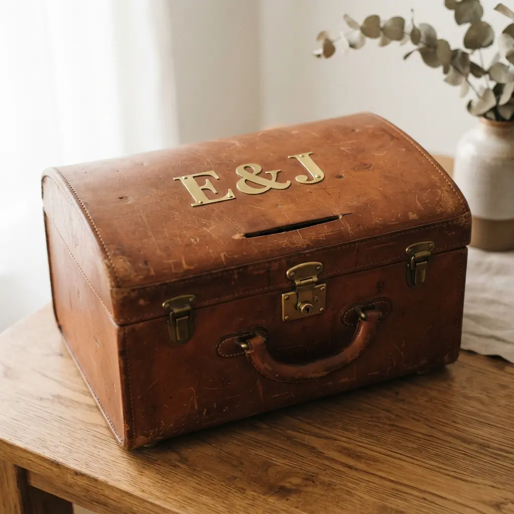 Close-up of a brown leather train case with a polished brass monogram on the lid.