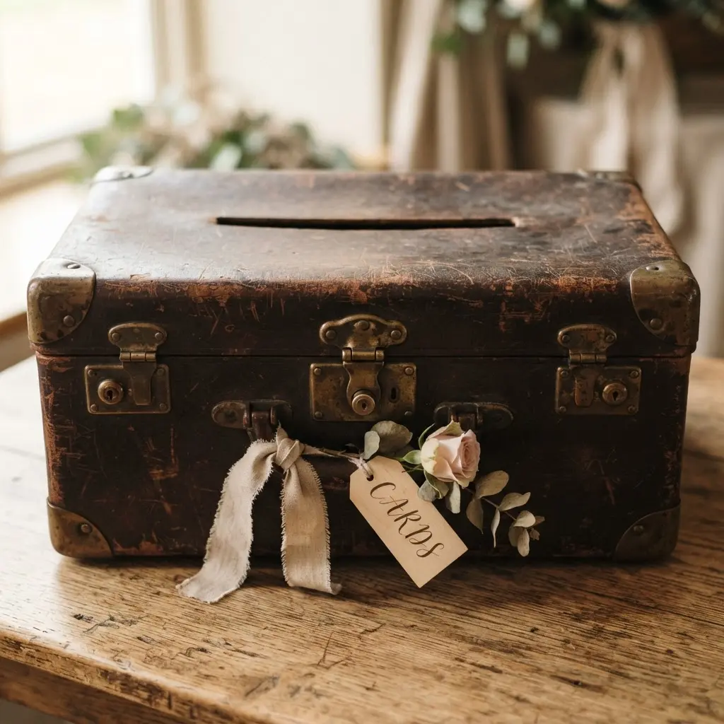 A small, worn cosmetic train case with intricate, tarnished brass hardware on each corner.