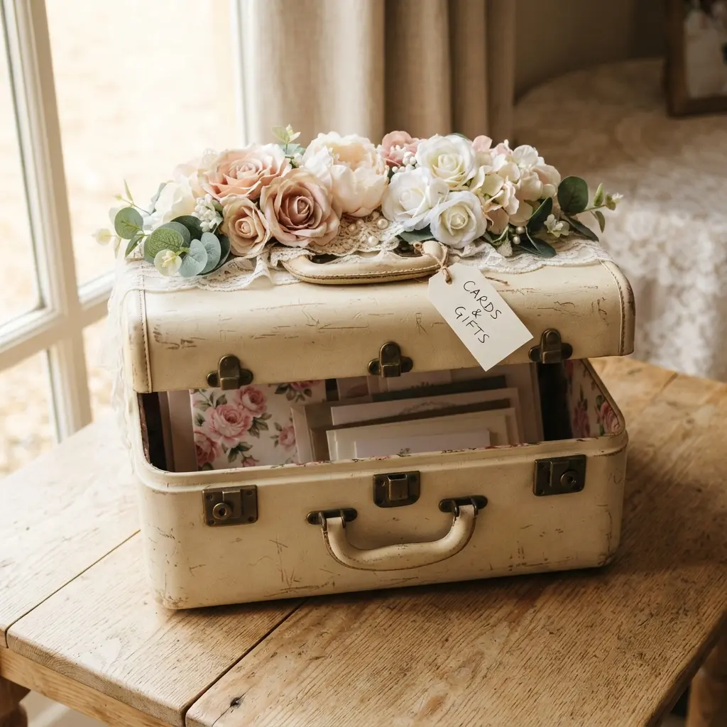 A pastel mint train case with a cluster of white and blush silk flowers attached near the handle.