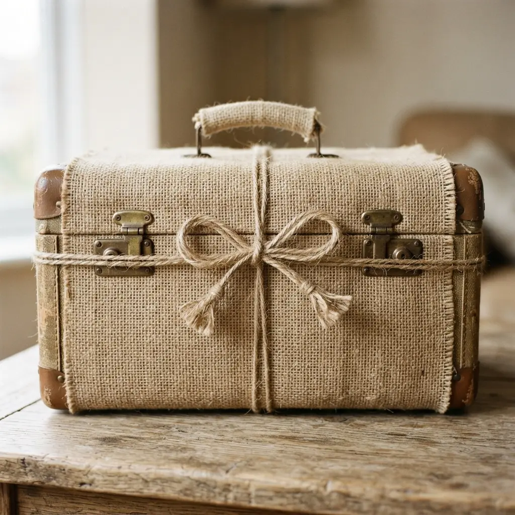 A rectangular train case completely covered in textured burlap with a simple twine bow.