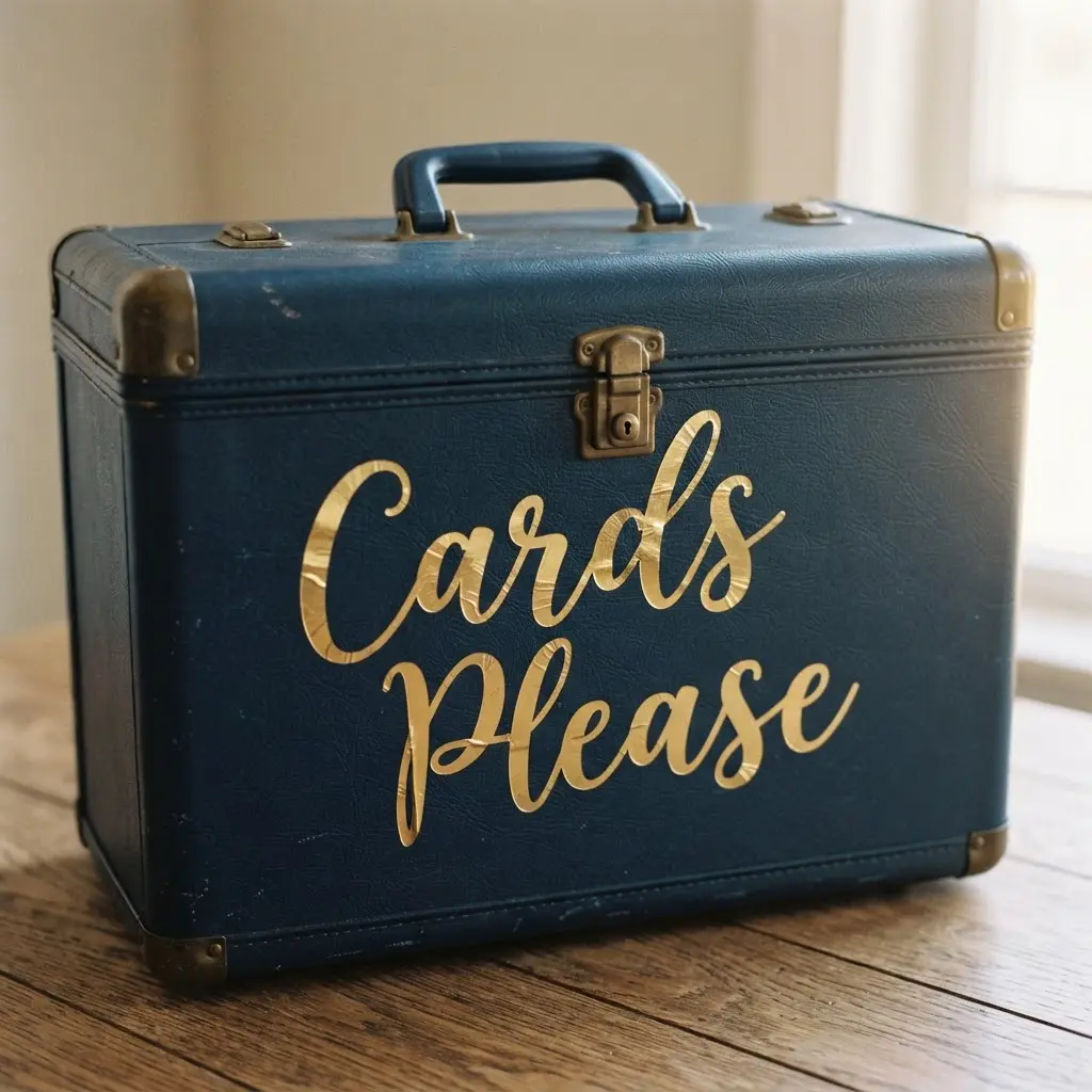 A navy blue vintage train case with the words Cards Please in cursive gold script on the front.