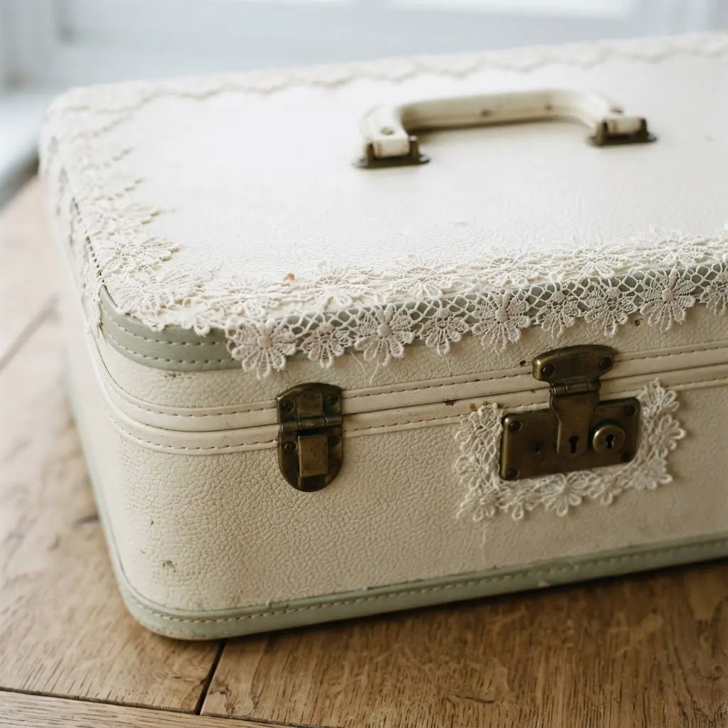 A cream-colored train case with delicate ivory lace glued along the edges of the lid.