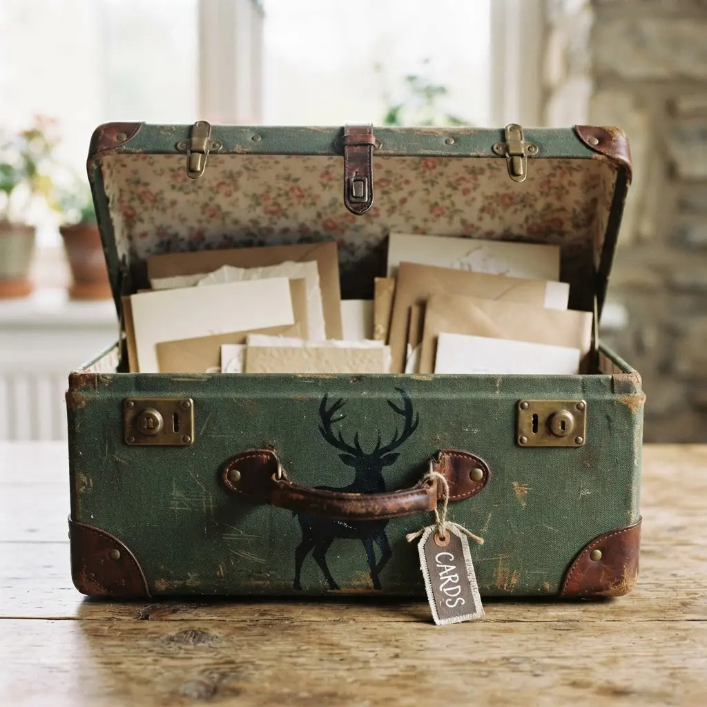 A vintage suitcase with a wooden frame and a hand-painted silhouette of a stag on its leather side.