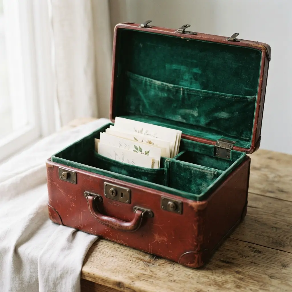 An open oxblood red train case showing a lush emerald green velvet interior and a card slot.