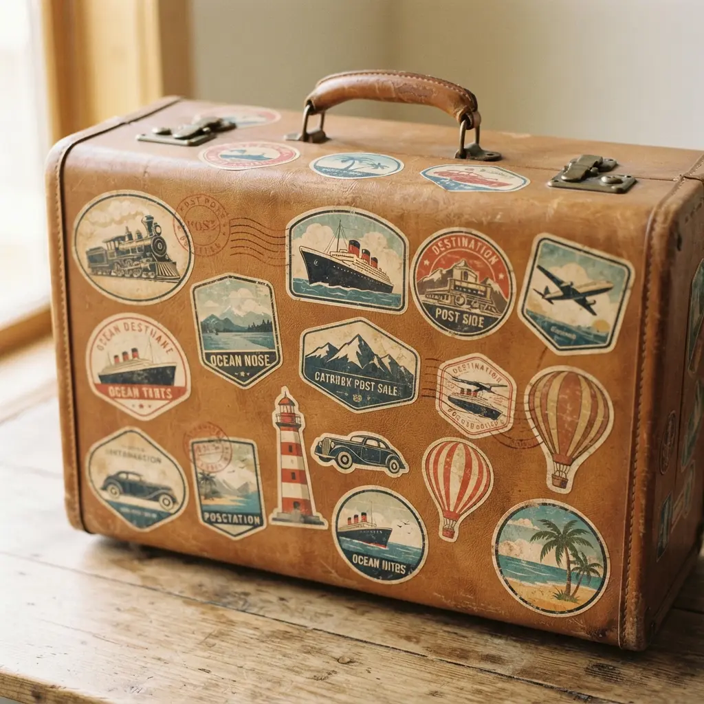 A tan train case covered in vintage-style travel stickers from Paris, Rome, and other destinations.