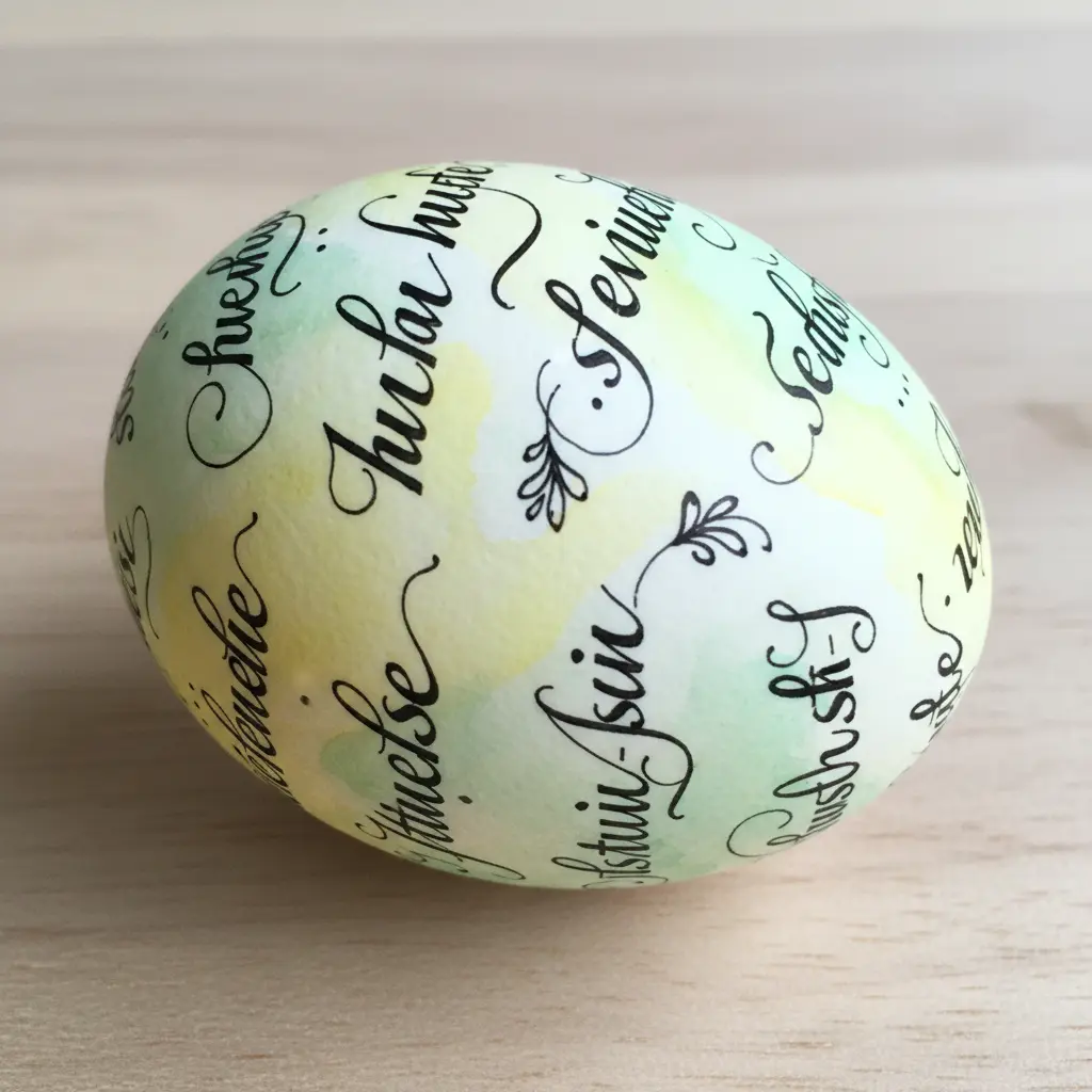An egg painted with a delicate black calligraphy scrollwork design over a watercolor wash of pale lemon and mint.