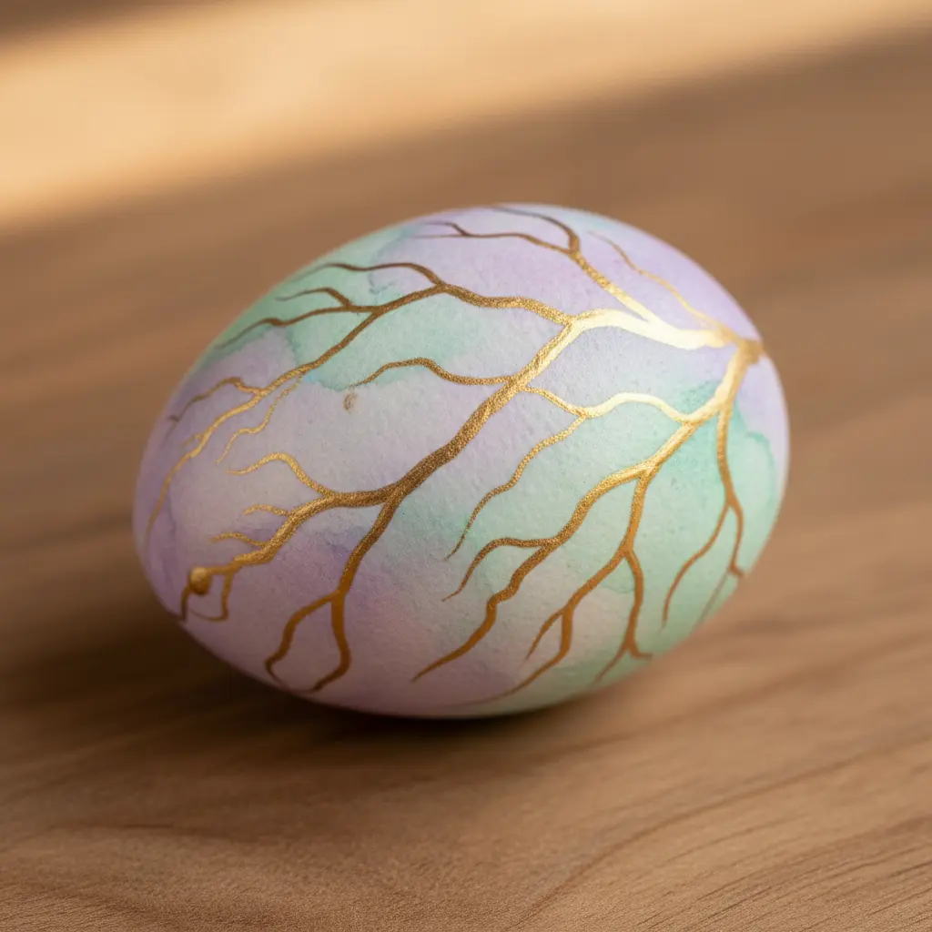 A watercolor egg with delicate metallic gold veins running through soft lavender and mint washes.