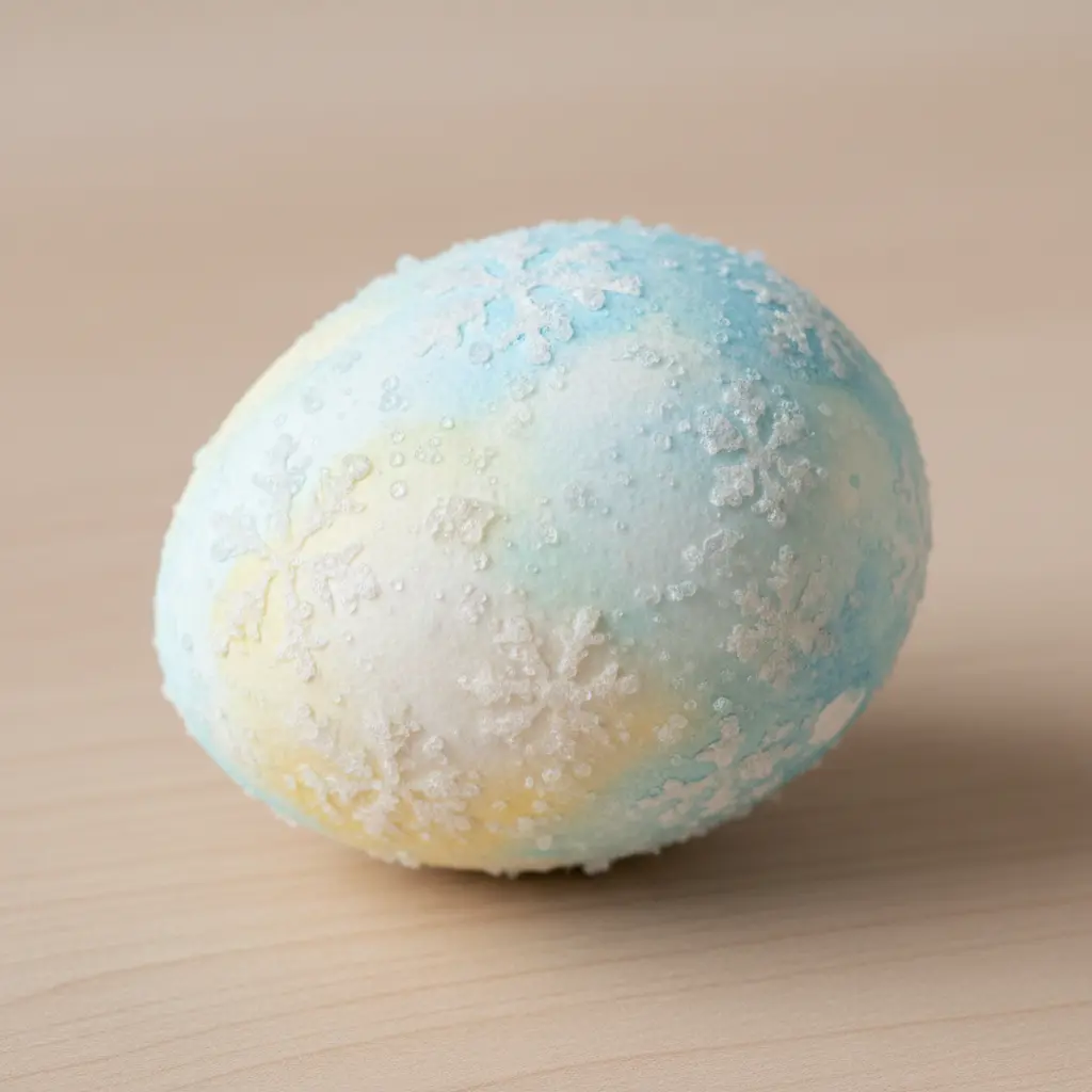 A pastel watercolor egg with a crystallized, speckled surface created by a salt-resist technique on a blue and yellow base.