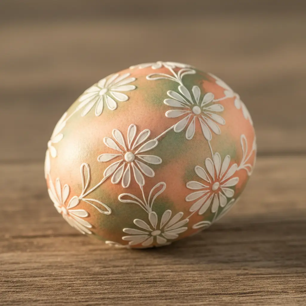 A watercolor egg featuring a white wax-resist daisy pattern over a wash of soft peach and sage green.
