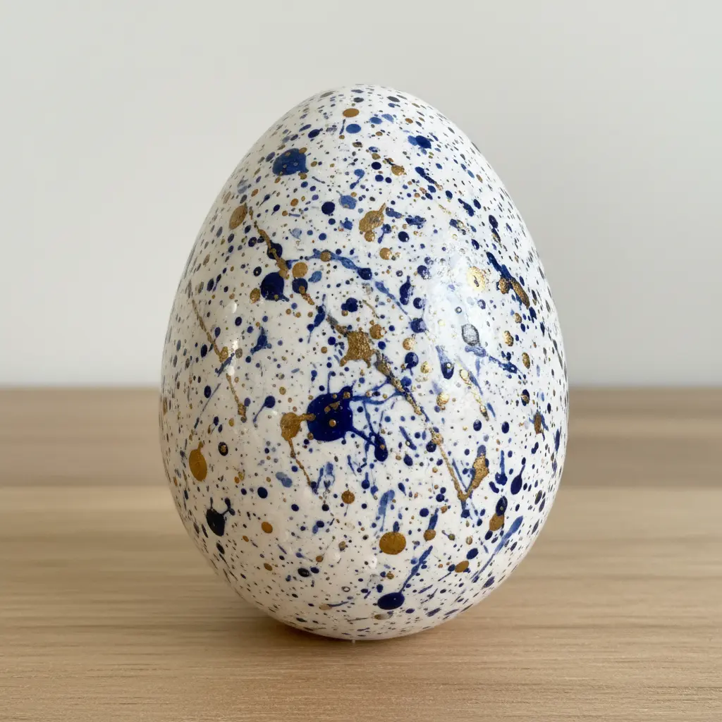 A white ceramic egg with controlled fine splatters of cobalt and gold watercolor, creating a modern minimalist look.