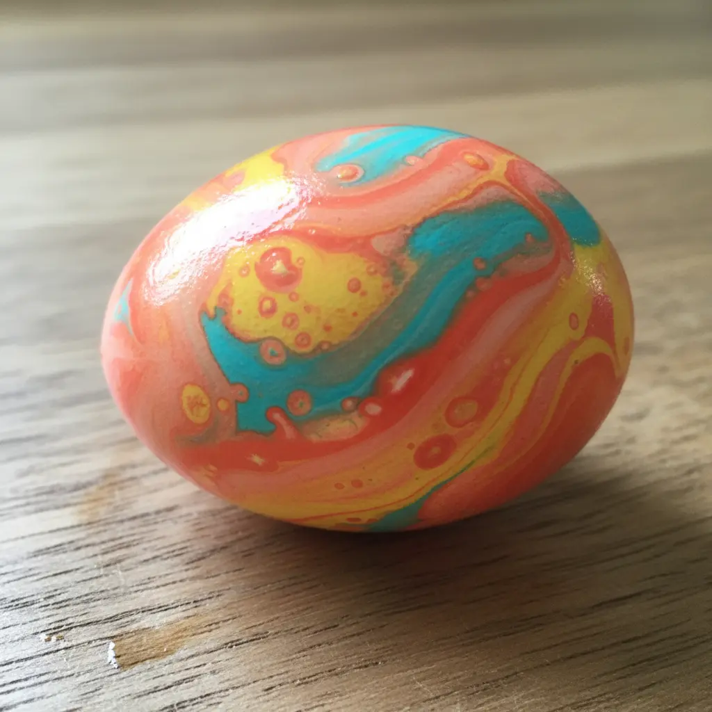 An egg painted with wet-on-wet watercolor blending, featuring ribbons of coral, yellow, and turquoise merging into organic flows.