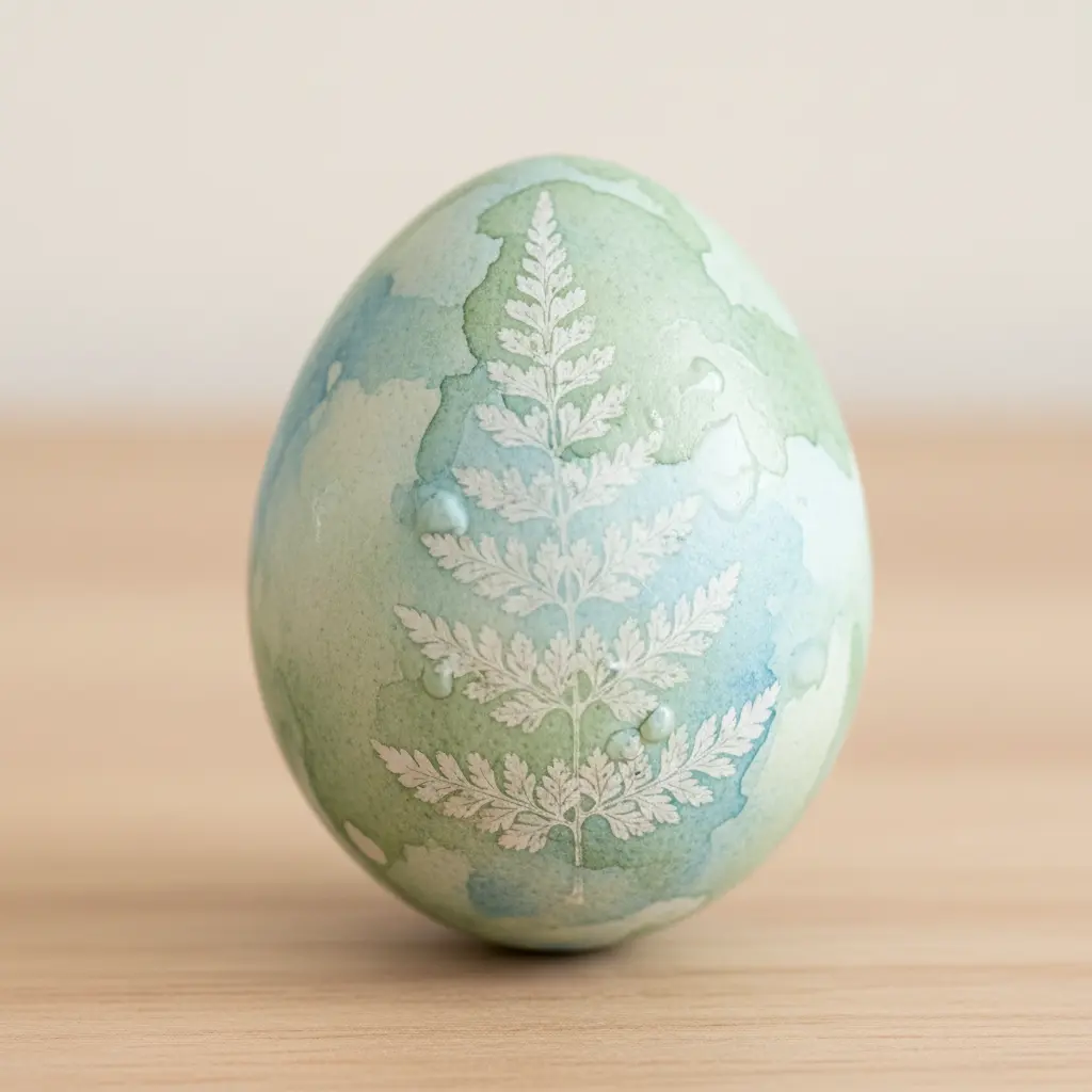An egg with a pale watercolor wash background and a pressed fern silhouette imprinted using a gel medium transfer technique.