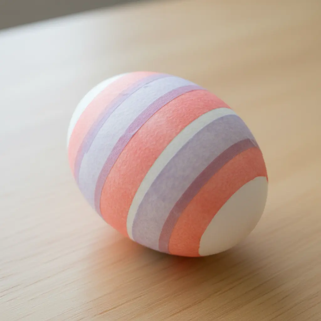 A watercolor egg with crisp horizontal stripes of varied widths, achieved by masking with washi tape and painting between sections.