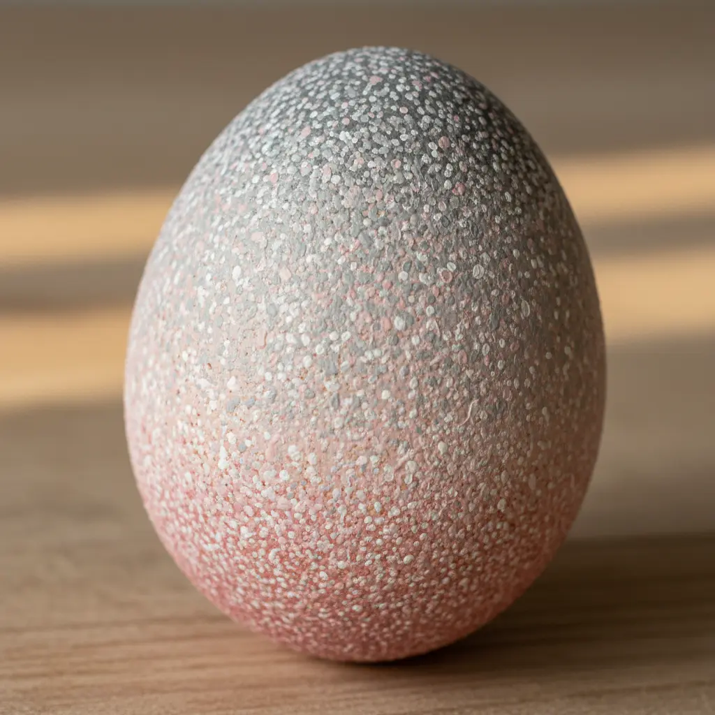 An egg with a layered stippled surface created by dry-brush watercolor, giving a subtle fabric-like texture in soft gray and blush.