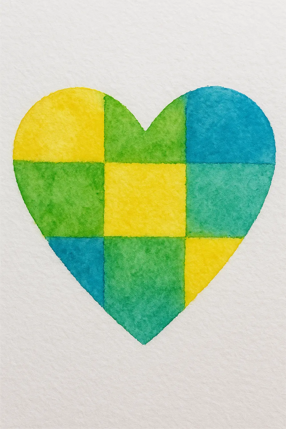 A heart shape divided into a grid of alternating yellow, green, and blue squares.