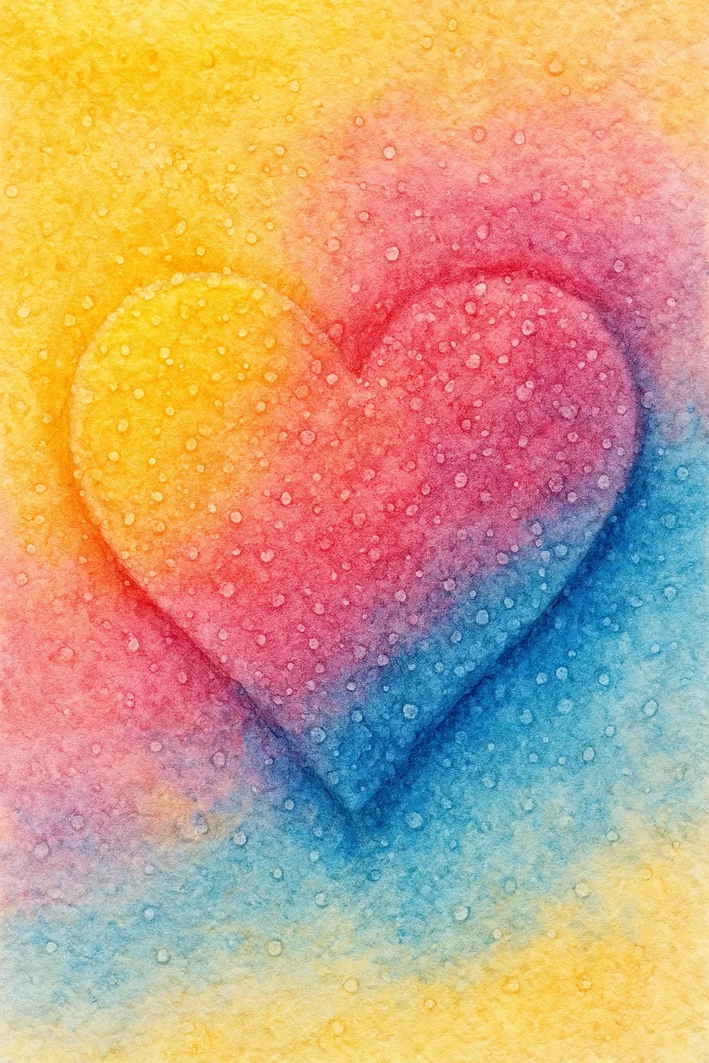 A multicolored watercolor heart with a sparkling, crystalline texture from sprinkled salt.