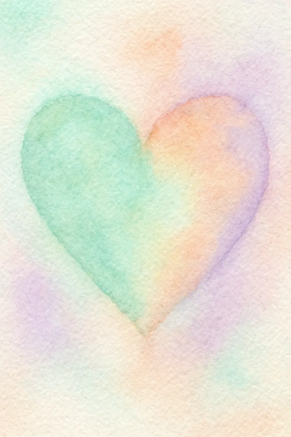 Several soft-edged pastel-colored hearts blend together on wet watercolor paper.
