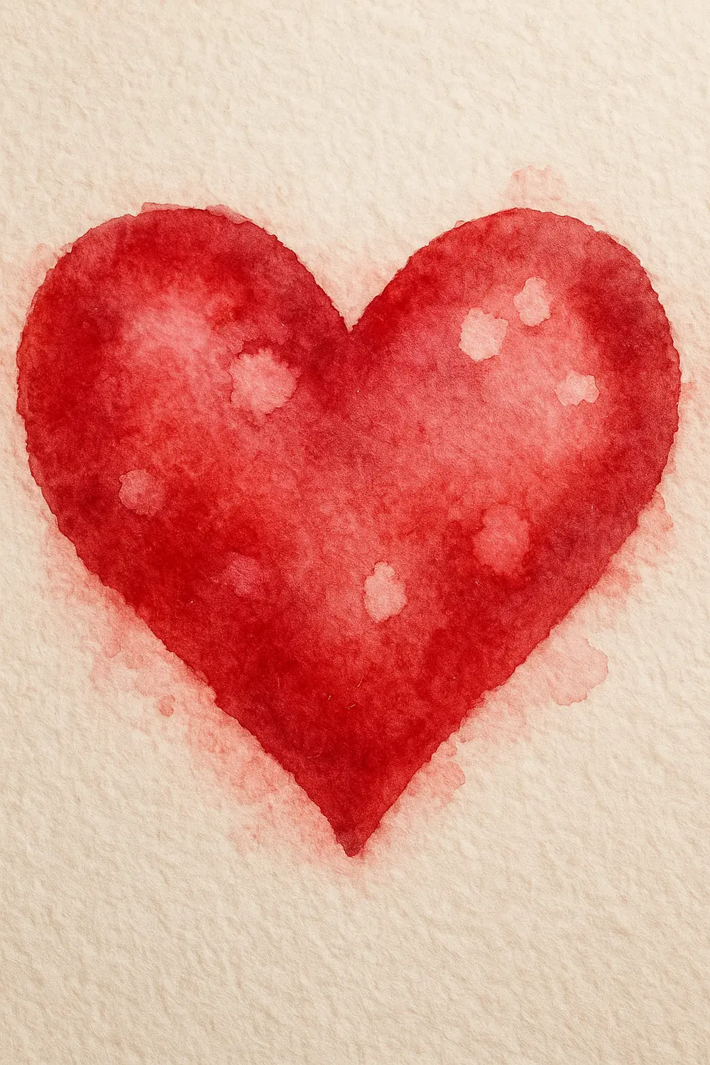 A pink watercolor heart with lighter circular spots created by dropping rubbing alcohol.