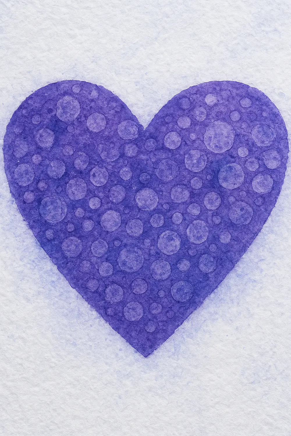 A textured purple heart shape made by stamping painted bubble wrap onto paper.