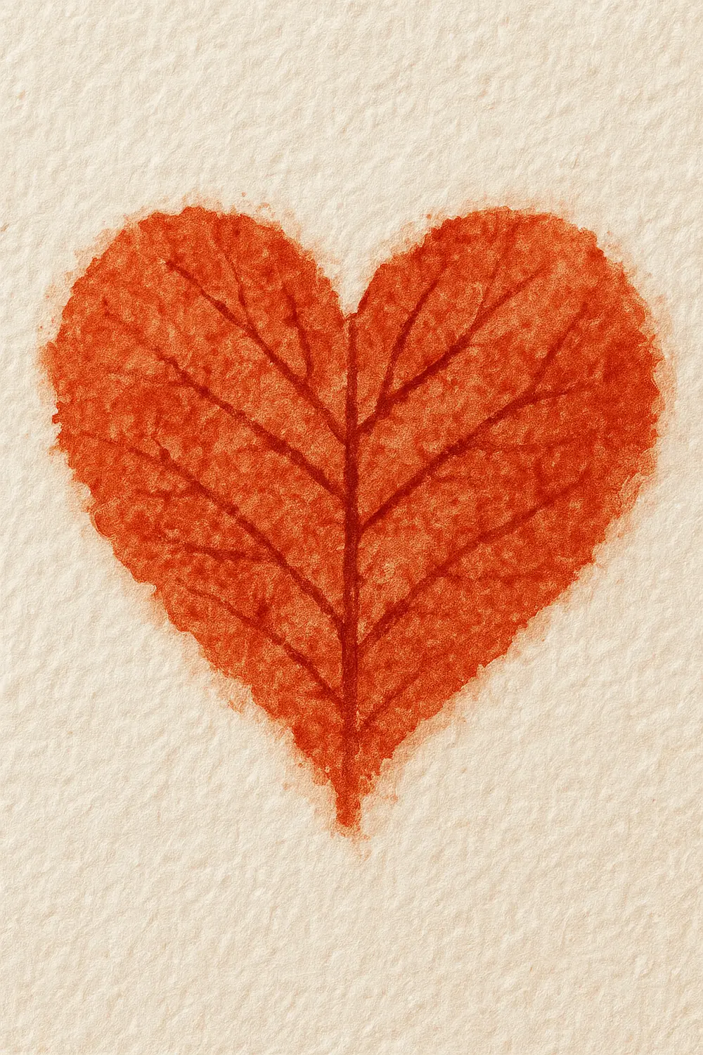 A red heart shape created by stamping watercolor-painted leaves onto paper.