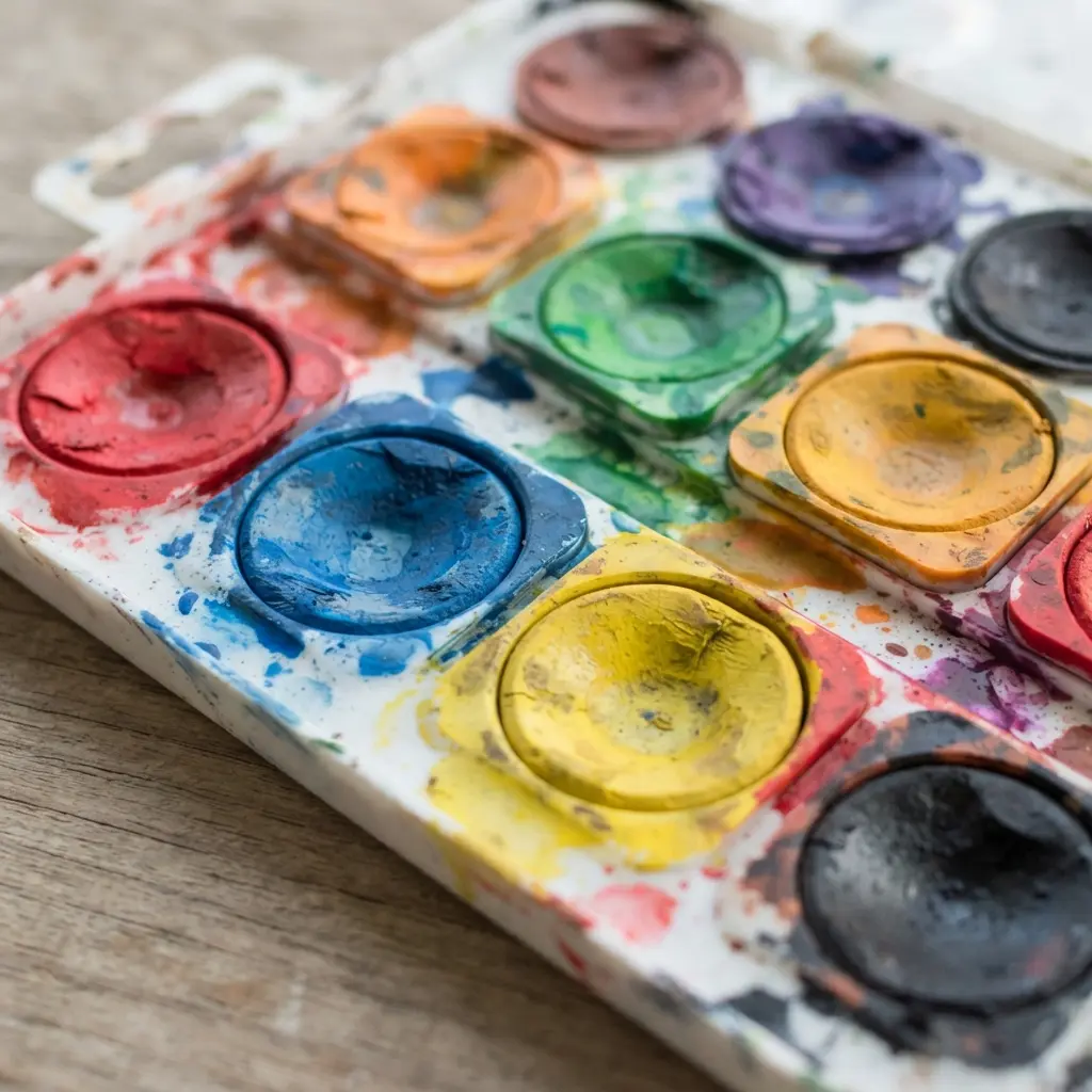 A basic set of watercolor cakes in a plastic tray, perfect for young painters.