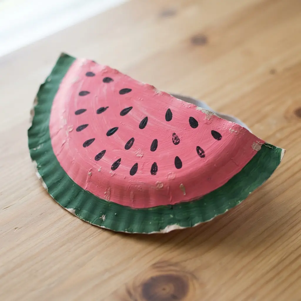 A half-circle paper plate hat painted bright pink with a dark green curved edge and black seed marks.