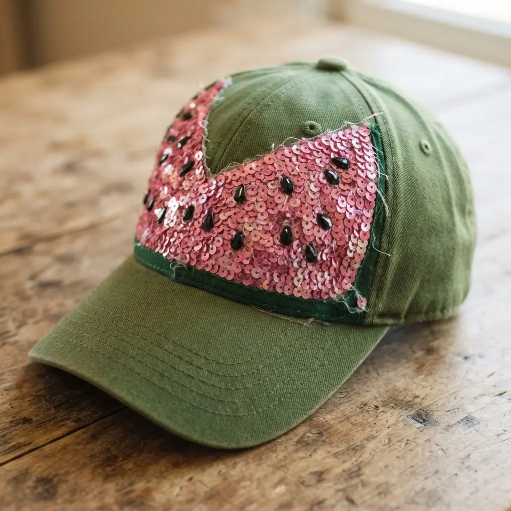 A child's green baseball cap with shiny pink and black sequin patches forming watermelon slice designs.