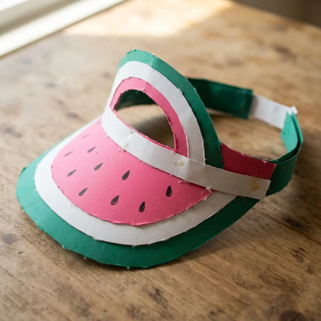 A sun visor made from layered green and pink construction paper forming a watermelon slice arch.