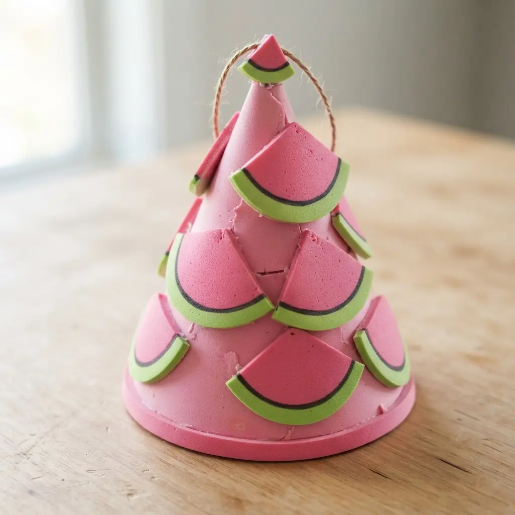 A party cone hat covered with small, colorful foam cutouts shaped like watermelon wedges.