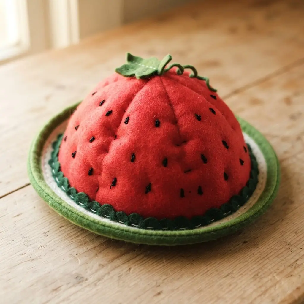 A soft, padded hat shaped like a strawberry with a green felt leaf crown and black seed stitches.