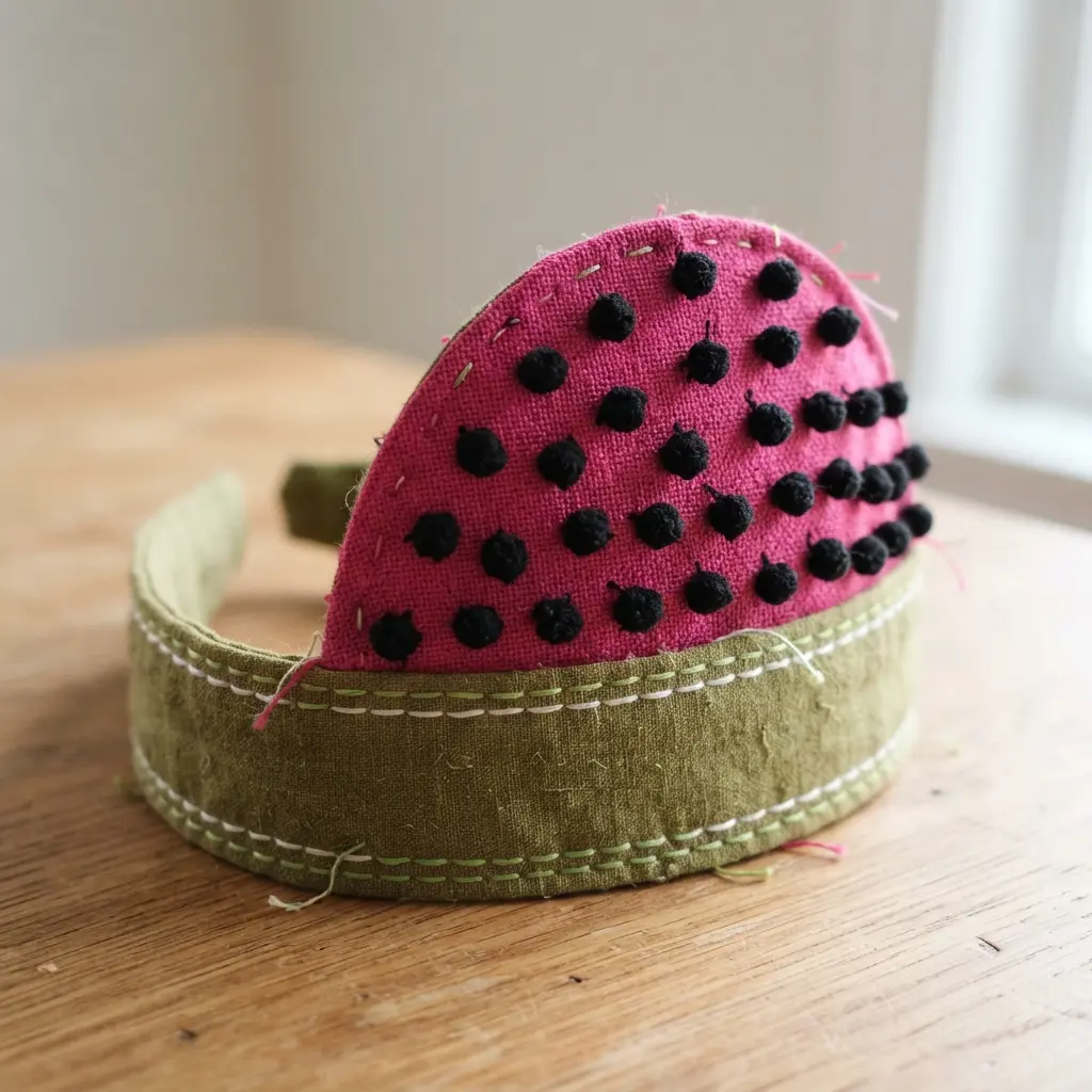 A green fabric crown band with a pink top covered in textured black pom-poms representing seeds.